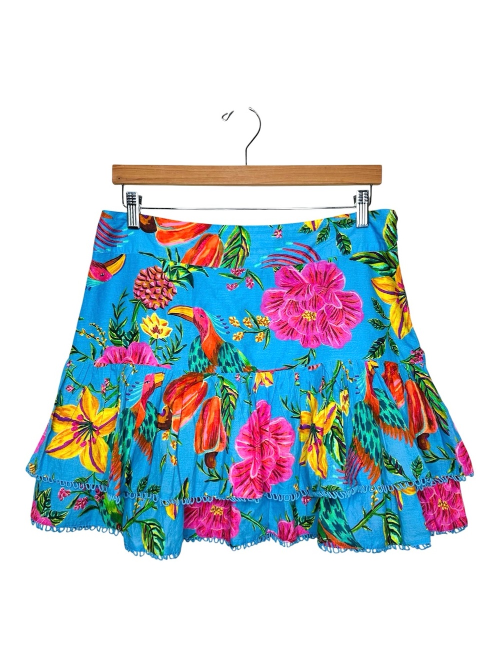 Farm Rio Blue Toucans Floral Tiered Mini Skirt Size Large Garden Tropical Summer
